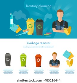 Garbage sorting infographics trash cans separation of waste on garbage bins flat vector 