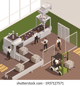 Garbage sorting isometric background with staff working on conveyor of recycling plant 3d vector illustration