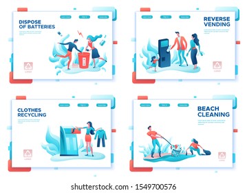 Garbage sorting landing page set, people recycling trash, plastic, cleanup beach, volunteer throwing can into bin, environment concept, reverse vending, flat cartoon vector ecology illustration