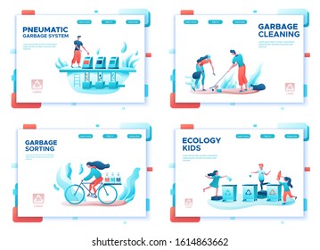 Garbage sorting landing page set, people recycling trash, plastic, cleanup beach, volunteer throwing can into bin, environment concept, reverse vending, flat cartoon vector ecology illustration