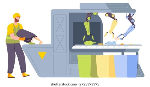 Máquina de clasificación de basura. Ilustración de color de fábrica de reciclaje