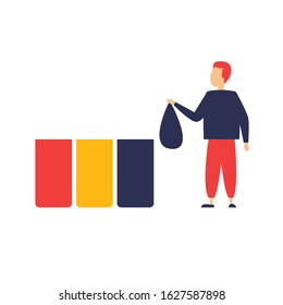 Garbage sorting, man throws garbage. Flat style vector illustration.
