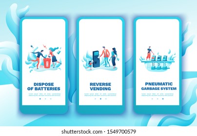 Garbage sorting mobile app template set, people recycling trash, plastic, cleanup beach concept, volunteer throwing can, environment, clothes disposal, flat cartoon vector ecology illustration