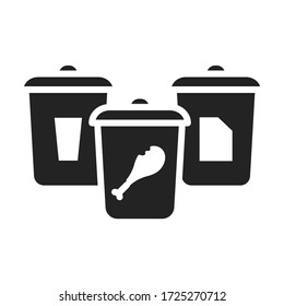 Garbage sorting: paper, glass, food black glyph icon. Waste recycling. Pictogram for web page, mobile app, promo.