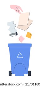 Garbage sorting. Paper trash flies into the container. Ecological waste separation concept. Flat vector illustration. Eps10