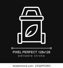 Garbage sorting pixel perfect white linear icon for dark theme. Recycling. Isolated vector illustration. Thin line illustration. Isolated symbol for night mode. Editable stroke. Poppins font used