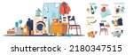 Garbage Sorting and Recycling Concept with Heap of Different Trash and Litter. Glass, Textile, Electronic and Organic, Wood, Plastic or Paper and Metal Wastes Pile. Cartoon Vector Illustration