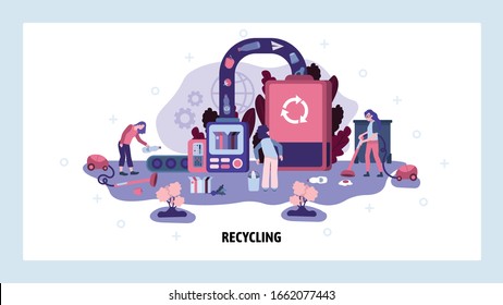 Garbage sorting and recycling factory. Trash recycle ecology concept. People collect waste ans send to recycle plant. Vector web site design template. Landing page website illustration