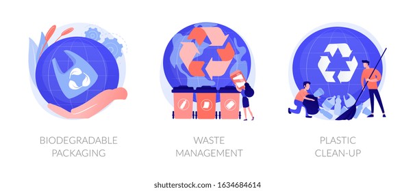 Garbage sorting and recycling icons set. Contamination of water bodies problem. Biodegradable packaging, waste management, plastic clean-up metaphors. Vector isolated concept metaphor illustrations