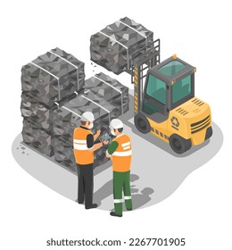 Garbage sorting and recycling management compressed garbage piles using forklift in recycle industry environmental career illustration isometric isolate vector