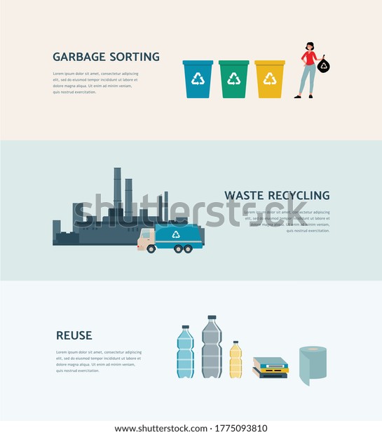 Garbage sorting, recycling\
and reusing - ecology poster with recycle process. Waste journey\
from trash can to factory and reusable objects, vector\
illustration