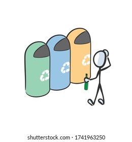 Garbage sorting and recycling. Rubbish bin for paper, glass, plastic and gardening waste. Hand drawn. Stickman cartoon. Doodle sketch, Vector graphic illustration
