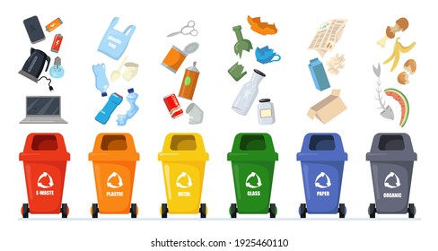 Garbage sorting set. Bins with recycling symbols for e-waste, plastic, metal, glass, paper, organic trash. Vector illustration for zero waste, environment protection concept
