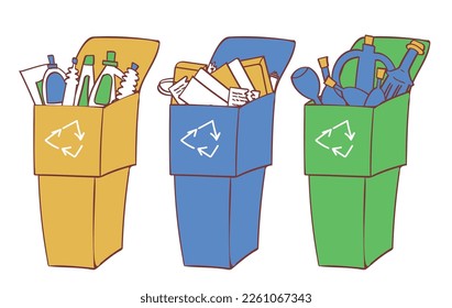 Garbage sorting set. Bins with recycling symbols for plastic, glass and paper. Vector illustration for zero waste, environment protection concept. Hand drawn vector illustration.