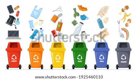 Garbage sorting set. Bins with recycling symbols for e-waste, plastic, metal, glass, paper, organic trash. Vector illustration for zero waste, environment protection concept Foto stock © 
