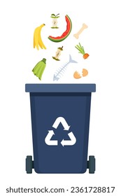 Garbage sorting set. Black Bin with recycling symbol for organic waste. Vector illustration for zero waste, environment protection concept