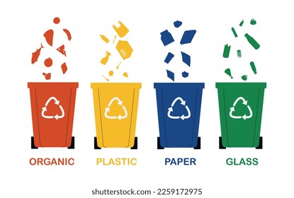 Garbage sorting set. Collection of graphic elements for website. Organic, palstic, paper and glass. Zero waste and sustainable lifestyle. Cartoon flat vector illustrations isolated on white background