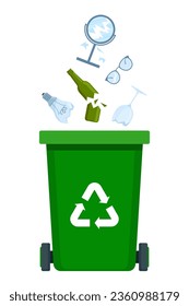 Garbage sorting set. Green Bin with recycling symbol for glass waste. Vector illustration for zero waste, environment protection concept