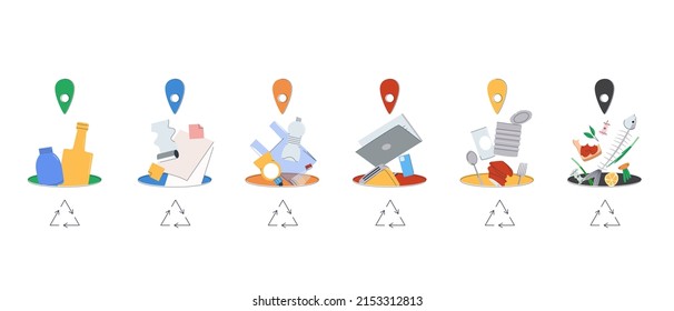 Garbage sorting. Tank selection by geolocation. Flat illusion. Eps10