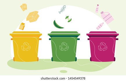 Garbage sorting trash cans. Paper, organic and plastic wastebaskets. Waste management concept. Recyclable and non recyclable litter segregation. Junk reuse and utilization. Zero waste concept.