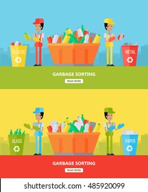 Garbage sorting. Two men sorting garbage. Waste recycling concept. Sorting process different types of waste. Garbage destroying. Website design template. Vector illustration in flat style design.
