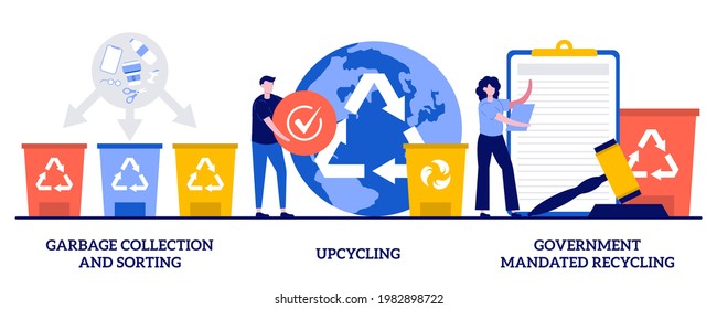 Garbage sorting, upcycling, government mandated recycling concept with tiny people. Waste collection and recycling problems vector illustration set. Household disposal, creative reuse metaphor.