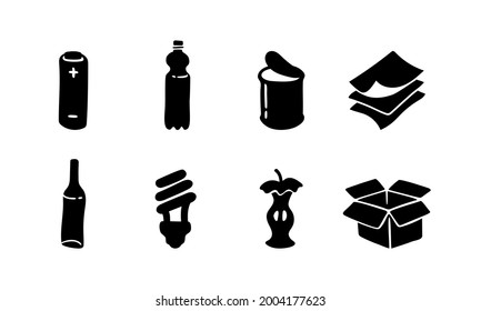 garbage sorting vector black icons set