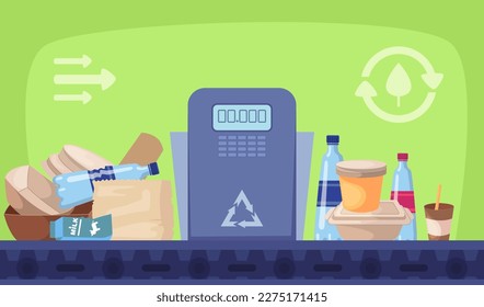 Ilustración vectorial de clasificación de elementos no utilizados. Botellas de plástico, envases y báscula de peso sobre fondo verde. Uso secundario de productos de desecho. Reciclaje, ciclismo ascendente, basura cero, concepto de reutilización