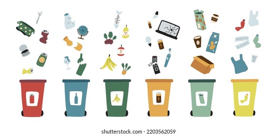 Garbage sorting. Waste falls into trash cans. Containers with different types of waste vector illustration in flat style isolated. Ecology and recycling concept