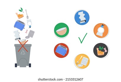 Garbage sorting. Wrong example of sorting. What is the best way to sort based on the colors of the containers. Flat illusion. Eps10