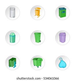 Garbage storage icons set. Cartoon illustration of 9 garbage storage vector icons for web