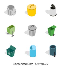 Garbage storage icons set. Isometric 3d illustration of 9 garbage storage vector icons for web