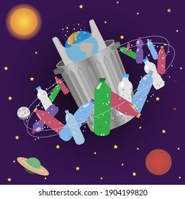 Garbage surrounds and engulfs planet Earth. Microplastics threaten the ecology of our planet. The illustration calls on people to protect the planet Earth.