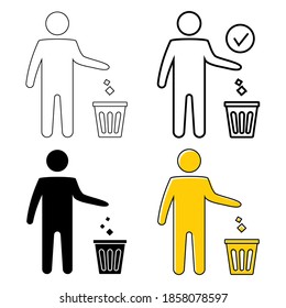 Garbage symbol. Trash icon. Disposable icon. Tidy man symbol, do not litter, icon, keep clean. Man disposes trash into the waste bin. Trash vector icon, reuse symbol. Editable stroke. Vector