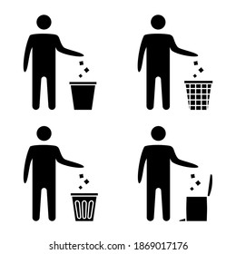 Garbage symbol. Trash icon. Disposable icon. Tidy man symbol, do not litter, keep clean icon. Man disposes trash into the waste bin. Trash vector icon, reuse symbol. Vector illustration