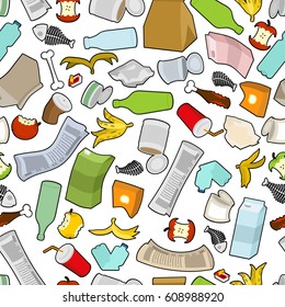 Garbage texture. Rubbish seamless pattern. trash ornament. litter background. peel from banana and stub. Tin and old newspaper. Bone and packaging. Crumpled paper and plastic bottle