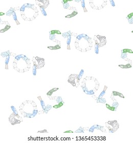 Garbage texture. Trash seamless pattern with sorted plastic garbage isolated on white. Separate debris collection.Vector hand drawn set of trash. Concept of Recycles Day, World Cleanup Day and ecology