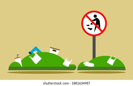 Garbage that is thrown on the bush tree in the area with a do not litter sign flat vector.
