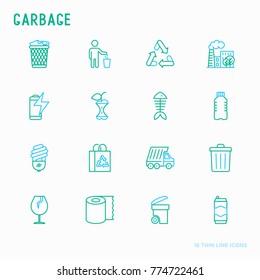 Garbage thin line icons set: garbage bin, organic trash, garbage truck, glass, recycled paper, aluminium, battery, plastic bottle. Modern vector illustration.