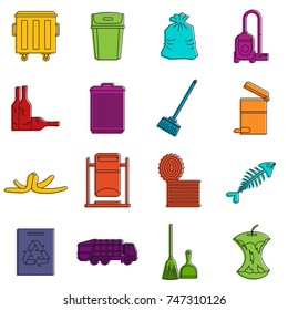 Garbage thing icons set. Doodle illustration of vector icons isolated on white background for any web design