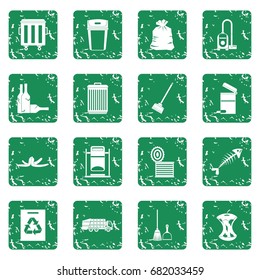 Garbage thing icons set in grunge style green isolated vector illustration