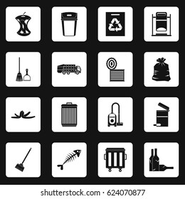 Garbage thing icons set in white squares on black background simple style vector illustration