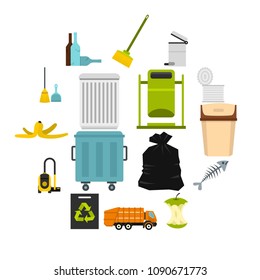 Garbage thing set icons in flat style isolated on white background