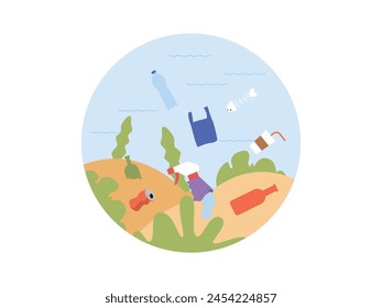 Garbage thrown into the sea can harm marine life, pollution vector illustration.