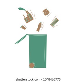 Garbage is thrown into the tank. Including houses from the city, as a symbol of pollution.