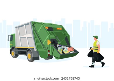 Garbage transport vehicle, garbage collector collecting garbage.