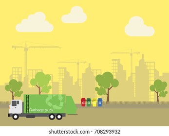 Garbage Transportation To Dumb Near The City, Truck Delivery, Vector Illustration.