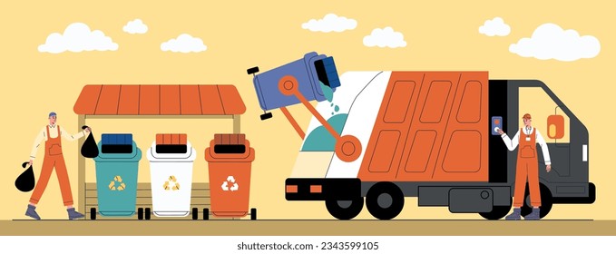 Garbage transportation. Shipment waste in truck. Workers in overalls. Professional scavengers. Trash containers for sorting and recycling. Litter loading into lorry