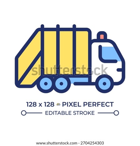 Garbage transportation truck pixel perfect line color icon. Waste collection, trash management. Utility services. Isolated vector illustration. Flat colorful symbol design. Editable stroke