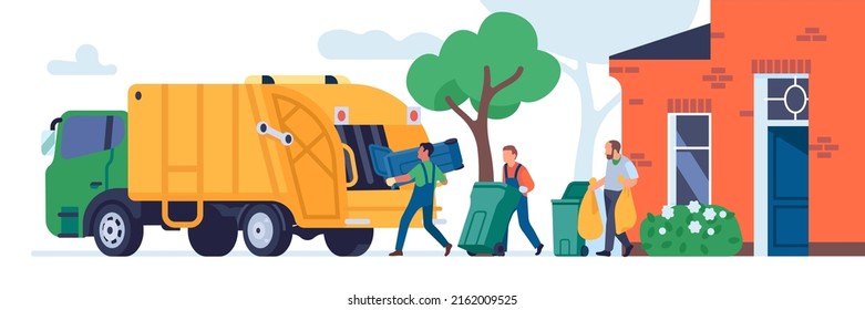 Garbage transportation workers. Scavengers take bins. Janitors loading trash into truck. Municipal rubbish service. Household waste. Dustmen carry bags and containers svg